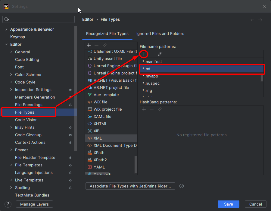 Adding .mt to recognized XML files in Rider